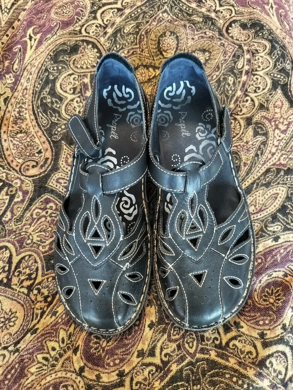Propét Jenna Black Leather Fisherman Sandals Closed Toe Comfort 8.5 W / 8.5D